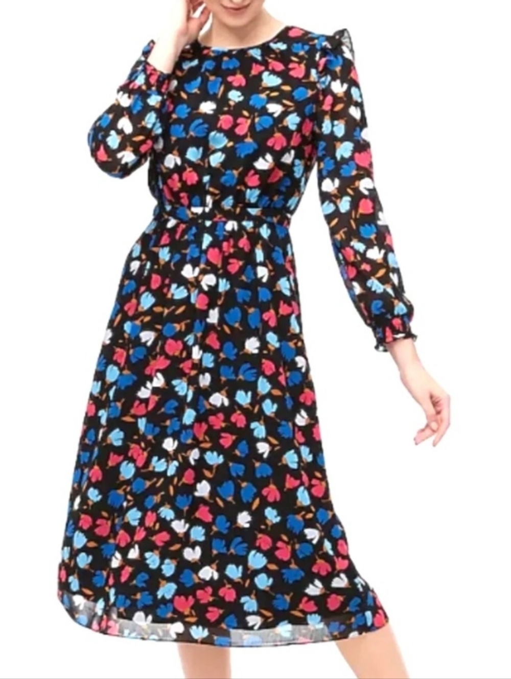 J. Crew Black Midi Dress with Blue, Pink & White Floral Print